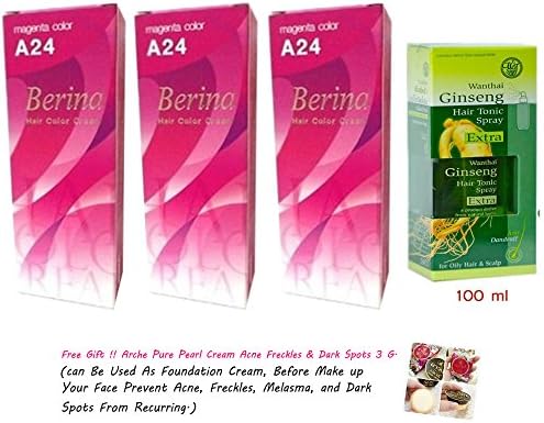 3 Packs of Berina A24 Magenta Color Dye Hair Permanent Hair Color Cream Fashion Punk + Extra Hair Tonic Ginseng Anti Dandruff Stop Hair Loss Spray [Get Free Tomato Facial Mask + Free Gift : Preaw Coffee Instant Glutathione 3 in 1 Powder Sugar Free.help You to Firming and Whitening Skin. Aromatic Delicious Flavors Mellow. No Sugar]