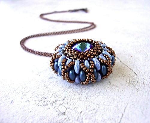 Blue Bead Woven Swarovski Necklace - Beadwoven Round Pendant - Bezeled Rivoli Crystal Super Duo Beaded Jewelry