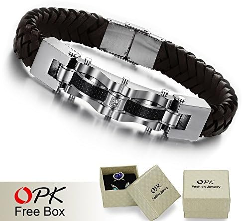 OPK JEWELRY New arrival / ,316L stainless steel and leather wrist cuff BROWN BRACELET laid CZ diamond 804