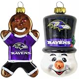 NFL Baltimore Ravens Blown Glass Gingerbread Man & Top Hat Snowman Ornament 2-Pack