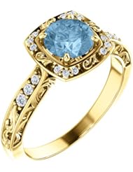 18K Yellow Gold 6.00mm Round Cut Sky Blue Topaz and Diamond Ring -- LIFETIME WARRANTY