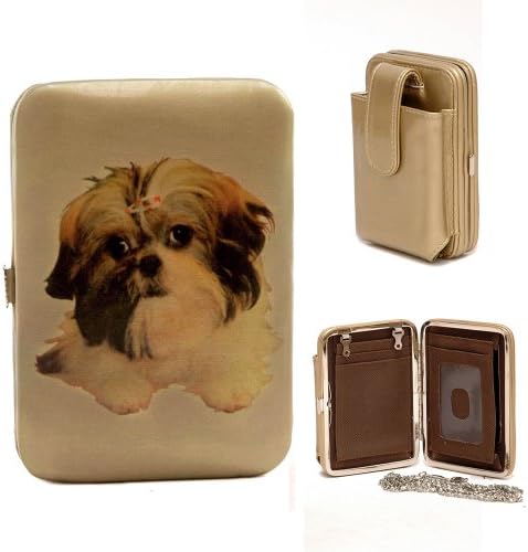 Cell phone holder/ frame wallet with shih tzu dog print - tan/ gold