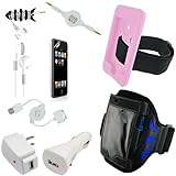 Apple iPod Touch / iTouch Silicone Skin w/ usb retractable 2in1 sync and charging cable, USB Car Charger, USB Wall / Travel Charger, Headphones / Earphones, Earphone / Headphone Fish shaped Holder, 3.5mm to 3.5mm Aux MP3 Cable, a Screen Protector / Screen Guard, and A Dual Tone Blue / Black Mesh Sports Armband