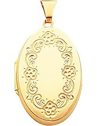 14K Gold Oval Flower Locket Photo Pendant Jewelry |B