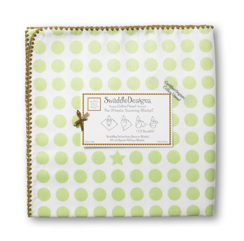SwaddleDesigns Organic Ultimate Receiving Blanket - Kiwi Dots and Stars with Mocha Trim