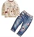 Little Girl's Long Sleeve Cartoon Pullover Shirt and Jeans Pants Outfit Set