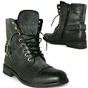 New Womens Military Buckle Flat Lace Up Ankle Boots Sz 3-8