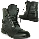 New Womens Military Buckle Flat Lace Up Ankle Boots Sz 3-8
