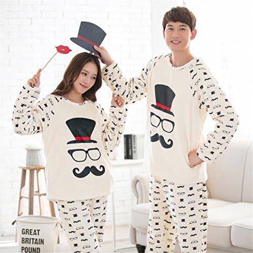Casualfashion 2015 New Coupls Winter Warm Thick Flannel Pajamas Lovers Mustache Sleepwear Tops + Pants (Women M)