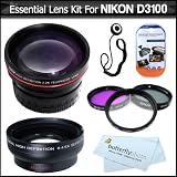 Essential Lens Kit For Nikon D3100 Digital SLR Camera Which Have Any Of These (18-55mm, 55-200mm, 50mm) Nikon Lenses Includes HD Wide Angle lens w/ Macro + HD 2X Telephoto Lens + Multi-Coated 3pc Filter Kit (UV-CPL-FLD) + Lens Cap Keeper + More