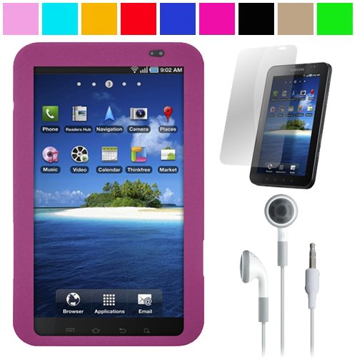 Premium Protective Soft Silicone Skin Cover for Samsung Galaxy Tab 7 inch Tablet WiFi 3G Samsung P1000 + Anti Glare Clear Screen Protector for Samsung Galaxy Tab P1000 + Hifi Noise Reducing Headphones + SumacLife TM Wisdom Courage Wristband (Many Colors Available), Purple