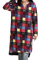 V-neck Cotton/Polyester/Knit Long Sleeves Checkered Print Jumper 