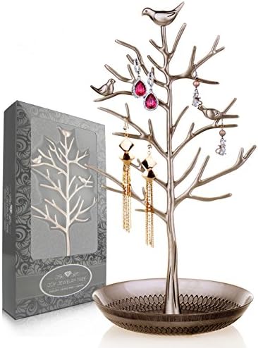 Joy Jewelry Tree | Luxurious Jewelry Stand Display Tower Rack. Size: Tall and Large (6 Inch W x 13 Inch H). Necklace Earring Bracelet Anklets Holder Organizer. Color: Antique Gold