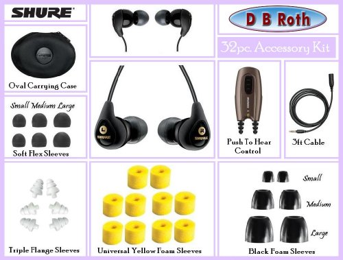 Shure Dynamic Microspeaker II Sound Isolating Earphones (Black) with Push to Hear Control, 3 pairs of Shure Triple Flange Sleeves & 5 Pairs of Shure Reusable Foam Sleeves