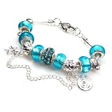 Aqua Blue Murano-style Lampwork Bead Bracelet with Charms and Aqua Beads and Crystals. Snake Chain Unscrews so Beads CAN Be Changed. Lobster Heart Clasp. Beautiful Pandora-compatible Bracelet Complete with Beads & Charms