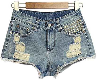 Lionpapa Women's Ripped Hole Rivets Loose Mid Length Denim Shorts Medium Blue