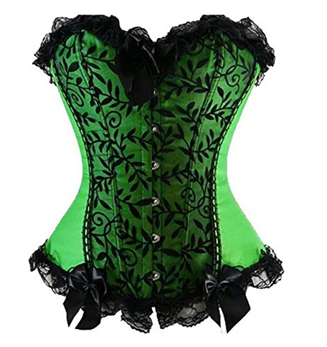 Kranchungel Women's Floral Lace Overlay Trim Satin Overbust Corset Top Plus Size 6X-Large Green