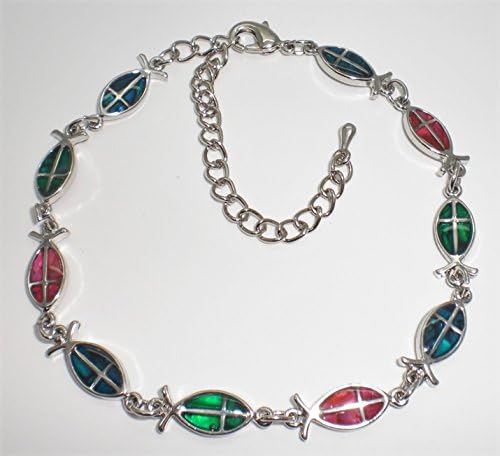 Genuine Paua Sea Shell Christian Fish Cross Anklet - Multi Colored
