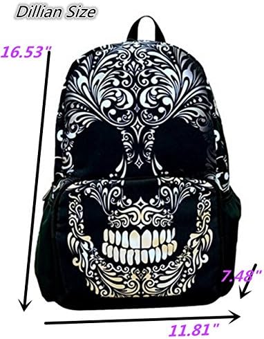 Dillian Skull Print Punk Style Nylon Backpack Daypack (Black)