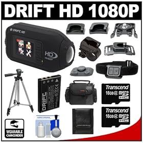 Drift Innovation HD 1080p Digital Video Action Camera Camcorder with (2) 16GB Cards + Handlebar Bike Mount + Battery + Case + Tripod + Accessory Kit