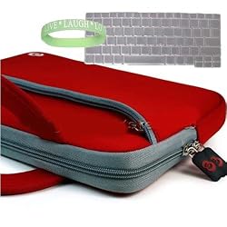 Kroo RED neoprene sleeve 10 inch with dual pockets and built in handles for Acer Aspire One AOD150 10.1-Inch laptop + Acer Keyboard Skin Cover + Vangoddy tm, Live*Laugh*Love wrist band!!!