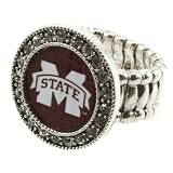 MSU, Silver toned stretch band ring with crystal rhinestones surrounding the Mississippi State University logo, Bulldogs