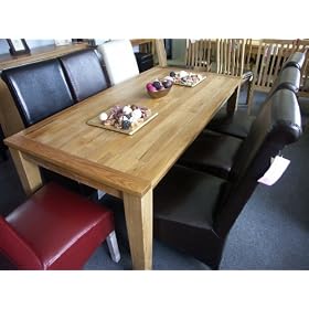 Solid Oak Dining Table with Six Brown Leather Dining Chairs
