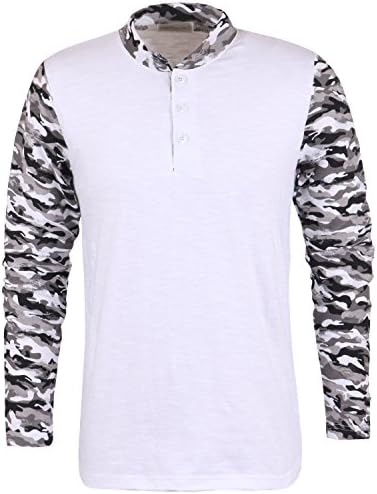 ililily Soft Cotton Distressed Camo Pattern Vintage Shawl Henley T-shirt Top (tshirts-223-1-L)
