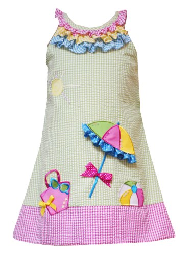 Discount Rare Editions GIRLS 2T-6X LIME-GREEN PINK SEQUIN BEACH SCENE TRIPLE RUFFLE NECKLINE SEERSUCKER Spring Summer Party Dress