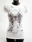 Junior's Butterfly White Fashion Top with Silver and Pearl Embellishments T-Shirt (Great Gift Idea For Teen Girls)
