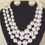 Imported White Graduated Pearl Three Strand Long Chain Necklace and Matching Earrings for Women and Teens