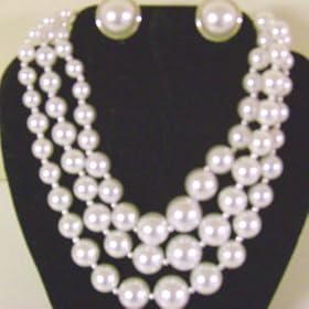 Click here to buy Imported White Graduated Pearl Three Strand Long Chain Necklace and Matching Earrings for Women and... by Gita.