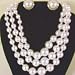 Imported White Graduated Pearl Three Strand Long Chain Necklace and Matching Earrings for Women and Teens