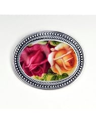Broken China Jewelry Old Country Roses Pink Yellow Rose Sterling Pin/Pendant