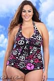 Beach Belle Peace And Love Plus Size Halter Tankini Swimsuit - Plus Size Swimwear Plus Size Swimsuits