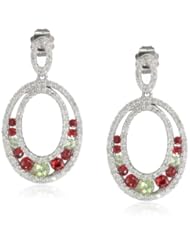 10k White Gold Red Sapphire, Peridot and Diamond Oval Dangle Earrings