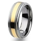 14K Gold Plated Ridged Edge Satin & Polished Tungsten Carbide Ring (8.0 mm) - Sizes 7-13