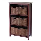 Winsome Wood Milan Wood 4 Tier Open Cabinet in Antique Walnut Finish and 5 Rattan Baskets; 1 Large and 4 Small in Espresso Finish