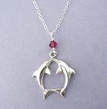 Kissing Dolphins Sterling Silver Charm Chain Necklace Ocean Theme Jewelry Swarovski Crystal Accent