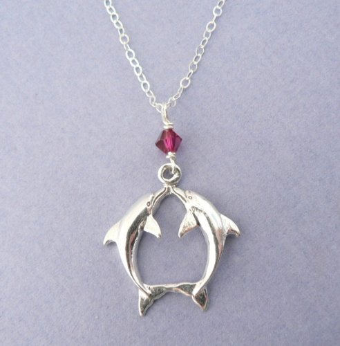 Kissing Dolphins Sterling Silver Charm Chain Necklace Ocean Theme Jewelry Swarovski Crystal Accent