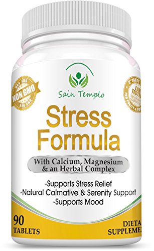 Stress & Anxiety Relief, Relaxation Herbal Dietary Supplement By Sain Templo - 100% Pure, Fast Acting, FDA Approved, Non GMO, Magnesium, Calcium & Vitamin Formula That Uplifts The Mood - 90 Capsules