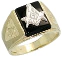 10K Gold 1/2" (13mm) wide Men's Masonic Ring, w/ Rectangular Black Onyx & Brilliant Cut Diamond