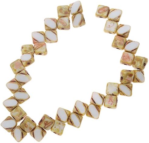 Czech Glass 2-Hole Silky Beads, 6mm Diamond Shape, 40 Pieces, White Opal Picasso