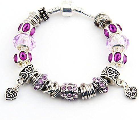 Fun Charm Jewelry Silver Plated Purple Crystal Beads Heart Dangle Snake Chain Fit Pandora Charm Bracelet