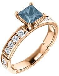 18K Rose Gold Princess Cut Blue and White Diamond Ring -- LIFETIME WARRANTY