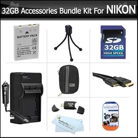32GB Accessories Kit For Nikon Coolpix S6300 S6200 S8200 S9300 AW100 S6000 S6100 S8000 S8100 S9100 P300 P310 Camera Includes 32GB High Speed SD Memory Card + Extended (1100maH) Replacement Nikon EN-EL12 Battery + AC/DC Charger + Case + Mini HDMI Cable ++