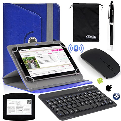 EEEKit Office Kit for Samsung iPad Dell HKC RCA Lenovo Insignia 8 inch tablet, PU Leather Rotating Case Cover + Wireless Bluetooth Keyboard / Mouse + Mouse Pad + Stylus (Type A Deep Blue)
