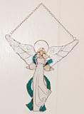 Angel with Teal Ribbons Stained Glass Suncatcher (9 inch)