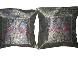 2 Silver Blue Decorative Peacock Couch Silk Sari Cushion Covers 16"
