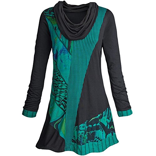Women's Tunic Top - Green And Black Cowl Neck Long Sleeve Blouse